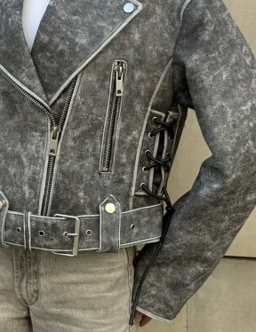 Косуха из натуральной кожи Vintage со шнуровкой - цвет серый