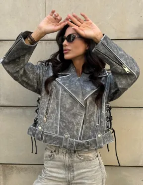 Косуха из натуральной кожи Vintage со шнуровкой - цвет серый