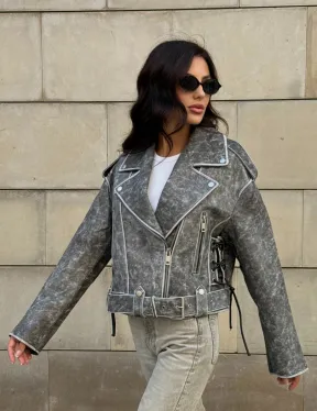 Косуха из натуральной кожи Vintage со шнуровкой - цвет серый