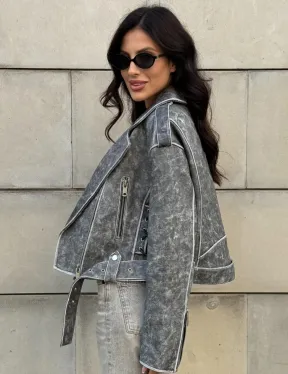 Косуха из натуральной кожи Vintage со шнуровкой - цвет серый