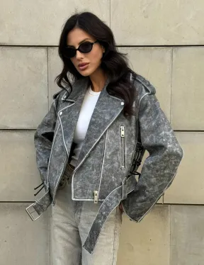 Косуха из натуральной кожи Vintage со шнуровкой - цвет серый