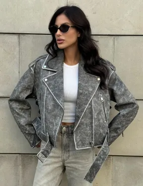 Косуха из натуральной кожи Vintage со шнуровкой - цвет серый