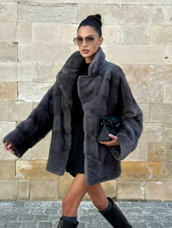 Короткая норковая шуба с английским воротником - цвет графит