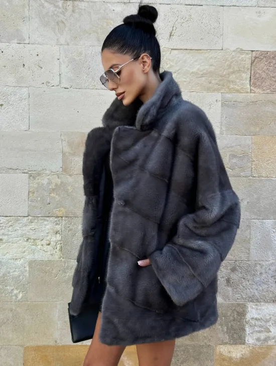 Короткая норковая шуба с английским воротником - цвет графит