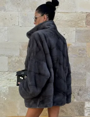 Короткая норковая шуба с английским воротником - цвет графит