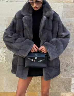 Короткая норковая шуба с английским воротником - цвет графит