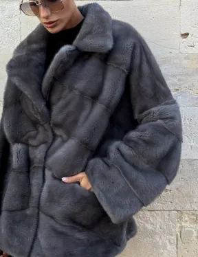 Короткая норковая шуба с английским воротником - цвет графит