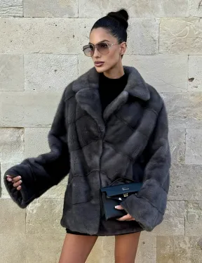 Короткая норковая шуба с английским воротником - цвет графит