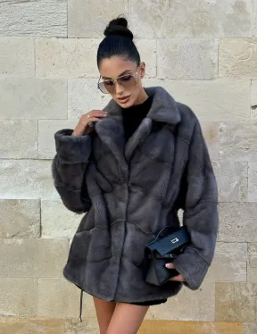 Короткая норковая шуба с английским воротником - цвет графит