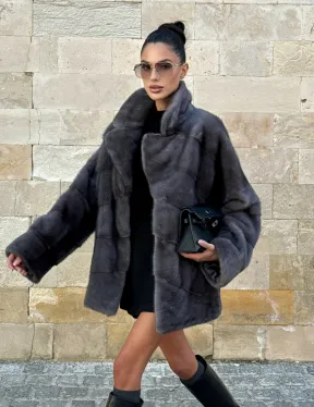Короткая норковая шуба с английским воротником - цвет графит