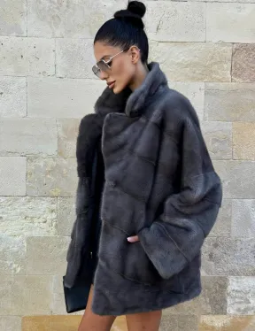 Короткая норковая шуба с английским воротником - цвет графит