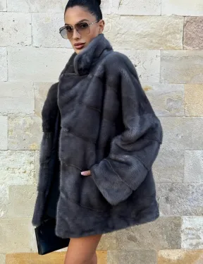 Короткая норковая шуба с английским воротником - цвет графит