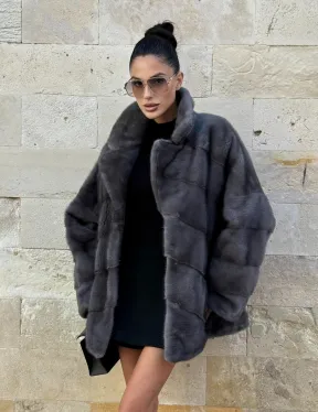 Короткая норковая шуба с английским воротником - цвет графит