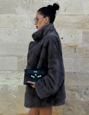 Короткая норковая шуба с английским воротником - цвет графит