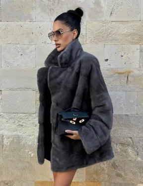 Короткая норковая шуба с английским воротником - цвет графит