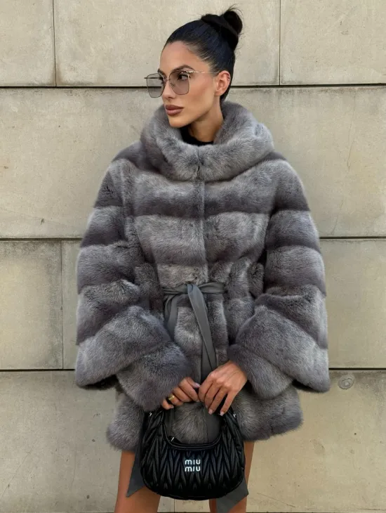 Норковая шуба с рукавом трансформер, капюшон - цвет PLATINUM (СЕРЫЙ)