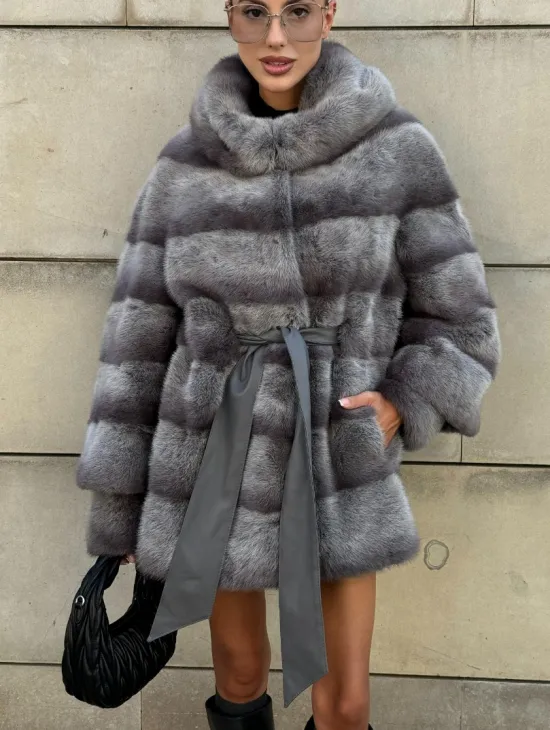 Норковая шуба с рукавом трансформер, капюшон - цвет PLATINUM (СЕРЫЙ)