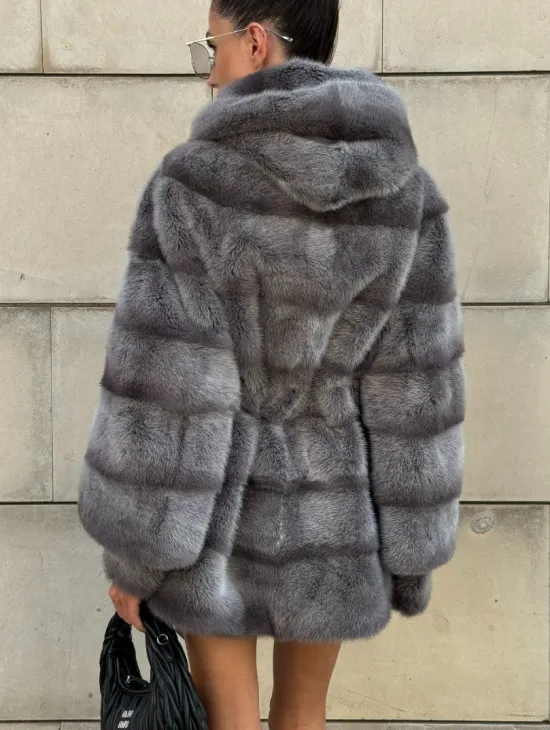 Норковая шуба с рукавом трансформер, капюшон - цвет PLATINUM (СЕРЫЙ)