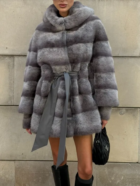 Норковая шуба с рукавом трансформер, капюшон - цвет PLATINUM (СЕРЫЙ)