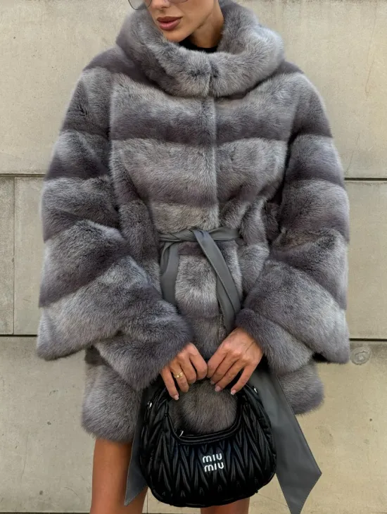 Норковая шуба с рукавом трансформер, капюшон - цвет PLATINUM (СЕРЫЙ)
