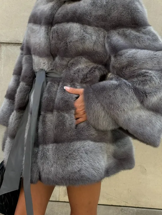 Норковая шуба с рукавом трансформер, капюшон - цвет PLATINUM (СЕРЫЙ)