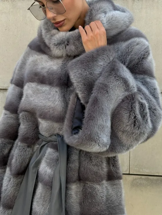Норковая шуба с рукавом трансформер, капюшон - цвет PLATINUM (СЕРЫЙ)