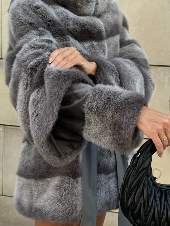 Норковая шуба с рукавом трансформер, капюшон - цвет PLATINUM (СЕРЫЙ)