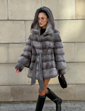 Норковая шуба с рукавом трансформер, капюшон - цвет PLATINUM (СЕРЫЙ)