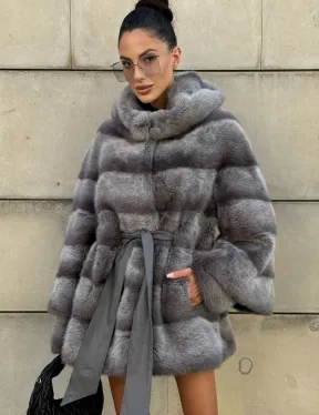 Норковая шуба с рукавом трансформер, капюшон - цвет PLATINUM (СЕРЫЙ)