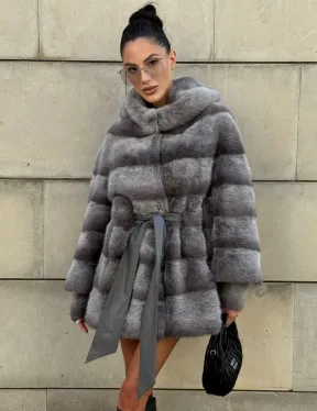 Норковая шуба с рукавом трансформер, капюшон - цвет PLATINUM (СЕРЫЙ)