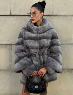 Норковая шуба с рукавом трансформер, капюшон - цвет PLATINUM (СЕРЫЙ)