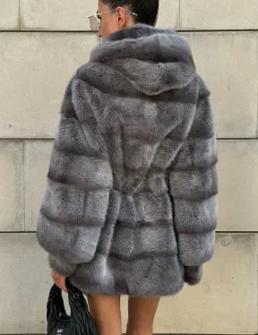 Норковая шуба с рукавом трансформер, капюшон - цвет PLATINUM (СЕРЫЙ)