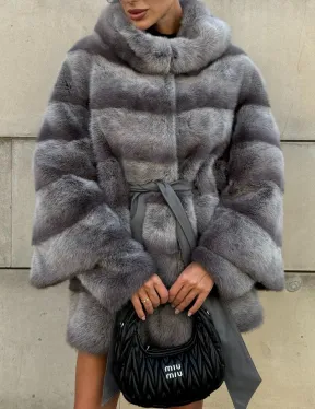 Норковая шуба с рукавом трансформер, капюшон - цвет PLATINUM (СЕРЫЙ)