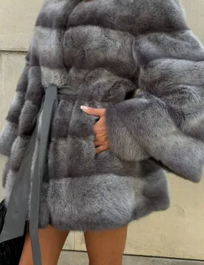 Норковая шуба с рукавом трансформер, капюшон - цвет PLATINUM (СЕРЫЙ)