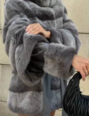 Норковая шуба с рукавом трансформер, капюшон - цвет PLATINUM (СЕРЫЙ)