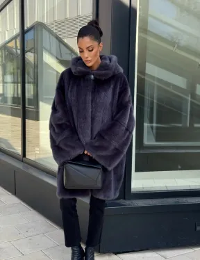 Норковая шуба с капюшоном,  роспуск - темный графит