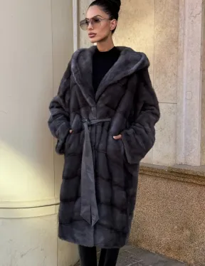 Шуба кимоно из импортной норки с капюшоном в цвете графит