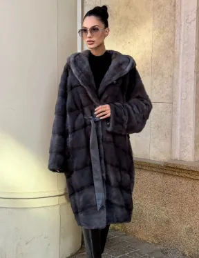 Шуба кимоно из импортной норки с капюшоном в цвете графит