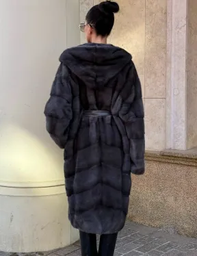 Шуба кимоно из импортной норки с капюшоном в цвете графит