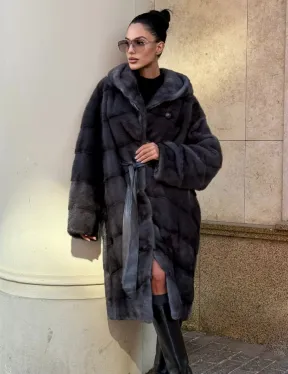 Шуба кимоно из импортной норки с капюшоном в цвете графит