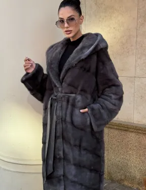 Шуба кимоно из импортной норки с капюшоном в цвете графит