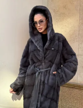 Шуба кимоно из импортной норки с капюшоном в цвете графит