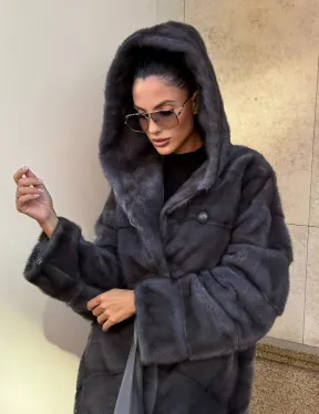 Шуба кимоно из импортной норки с капюшоном в цвете графит