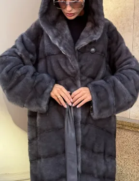 Шуба кимоно из импортной норки с капюшоном в цвете графит