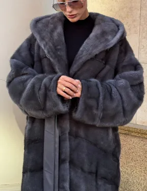 Шуба кимоно из импортной норки с капюшоном в цвете графит