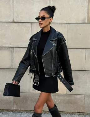 Куртка-косуха из натуральной кожи «Vintage»  со шнуровкой - цвет черный