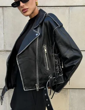 Куртка-косуха из натуральной кожи «Vintage»  со шнуровкой - цвет черный