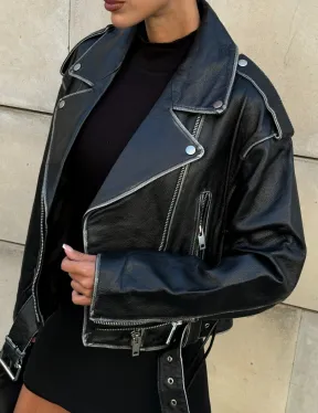 Куртка-косуха из натуральной кожи «Vintage»  со шнуровкой - цвет черный