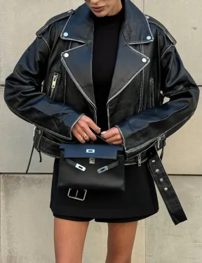 Куртка-косуха из натуральной кожи «Vintage»  со шнуровкой - цвет черный