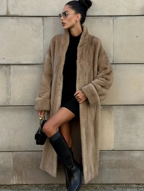 Норковая шуба цельный мех стойка воротник - цвет Caramel